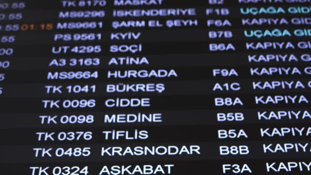 Airport information time table of departures with inscriptions in english and turkish languages. Info on display is changing, new airport of Istanbul. Close up