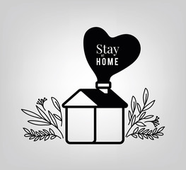 Stay at home text with house heart and leaves vector design