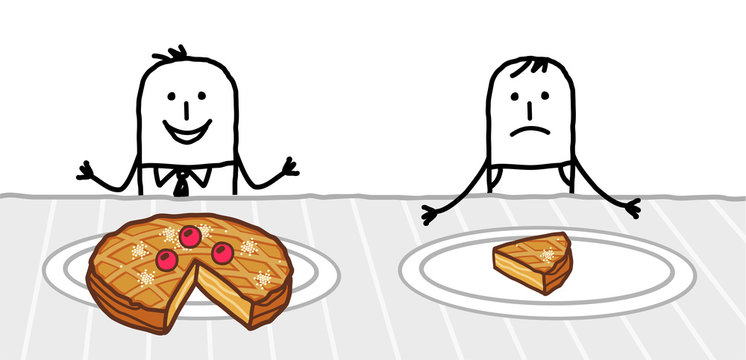 Cartoon Rich Man With A Big Pie In His Plate Next To A Poor One With Only One Slice