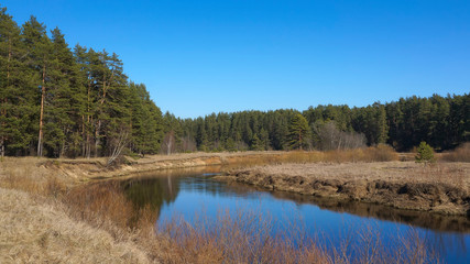 Beautiful spring time landscape with a small winding river flows through the forest. Tver region of Russia, Europe. Bright sunny day