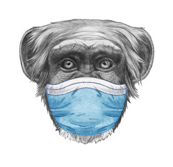 Portrait of Monkey with face mask. Hand-drawn illustration.