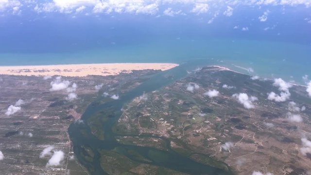 Aerial view of the mouth of the S&atilde;o Francisco River, on the border of the states of Alagoas and Sergipe, in northeastern Brazil