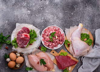 Various raw meat, sources of animal protein