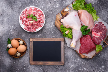 Various raw meat, sources of animal protein