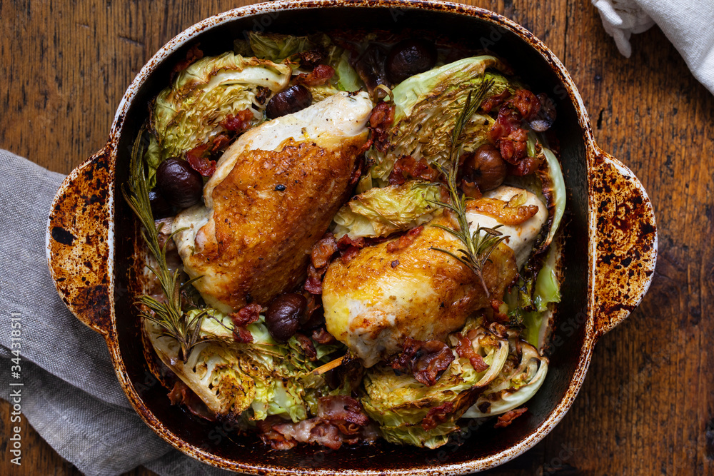 Wall mural Roast chicken with savoy cabbage and chestnuts - Wall murals