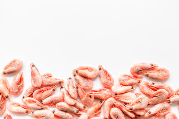 Prawn background on white table top view frame copy space
