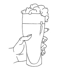 Woman hand holding and clinking beer glass. Vintage vector color illustration