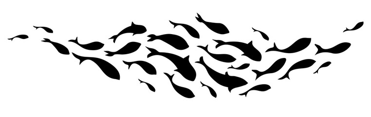 Black silhouette school of fish. Vector illustration.