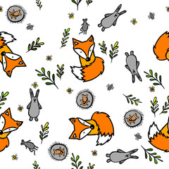 A seamless background of forest animals. Chanterelle and bunny pattern. Vector illustration