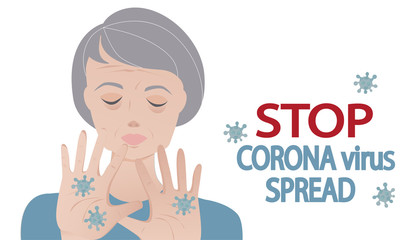 Stop Corona virus spread concept vector. Senior mature woman illustration.