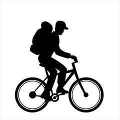 Obraz premium Vector logo silhouette of a cyclist on a white background. Pictogram tourist with large backpack rides bicycle. A man with a backpack rides a bicycle, vector.