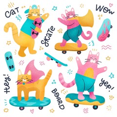 Naklejka premium Set of Cat skateboarders and different skateboards. Textured flat illustration Isolated on a white background with doodle decor and lettering