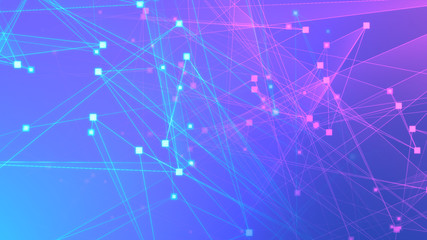 Abstract purple blue polygon tech network with connect technology background. Abstract dots and lines texture background. 3d rendering.