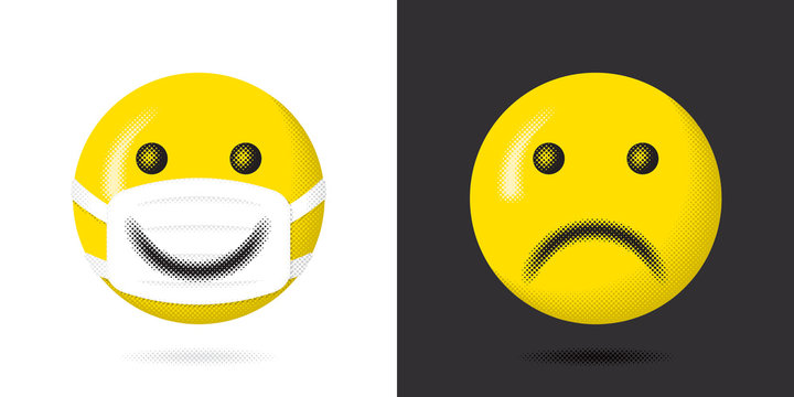 Happy Smiling Face Protected with Mask Having Wide Smile over It and Sad Unprotected Face Coronavirus Pandemy Devoted Concept - Yellow on Black and White Background - Halftone Graphic Design