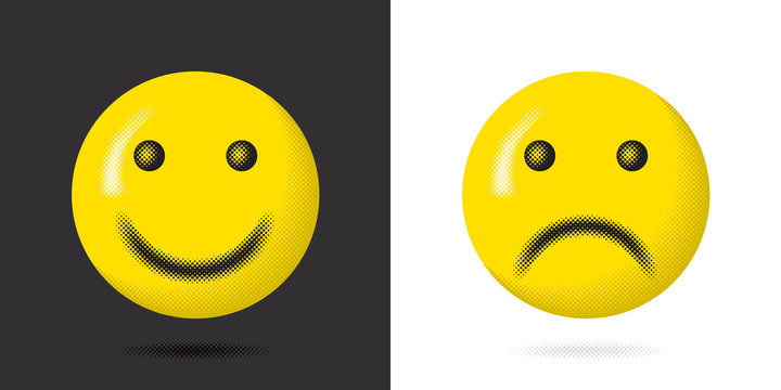 Optimistic Versus Pessimistic Halftone Style Concept with Happy Smiling and Unhappy Sad Faces over Negative and Positive Backgrounds Consequently - Yellow on Black and White - Graphic Design