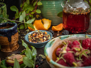 Preparation of the tea ceremony, tea in the bowl. Handmade cups