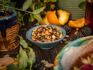 Preparation of the tea ceremony, tea in the bowl. Handmade cups