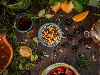 Preparation of the tea ceremony, tea in the bowl. Handmade cups