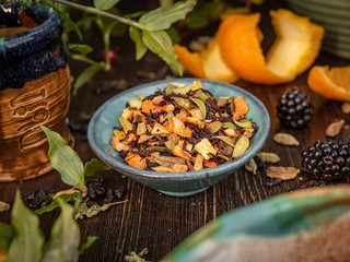 Preparation of the tea ceremony, tea in the bowl. Handmade cups