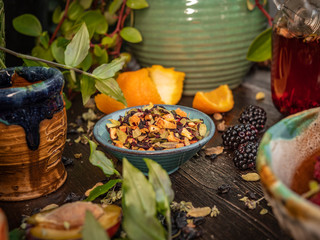 Preparation of the tea ceremony, tea in the bowl. Handmade cups