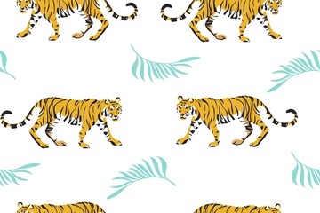 Fototapeta na wymiar Vector seamless pattern with cute tigers on the white background. Circus animal show. Fashionable fabric design.