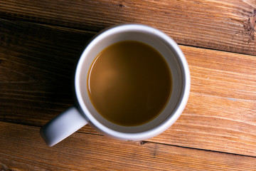 Empty mug with coffee on a wooden table
