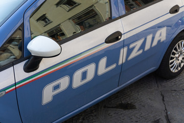 Polizia sign on a Italian police car in Florence, Tuscany, Italy, Europe