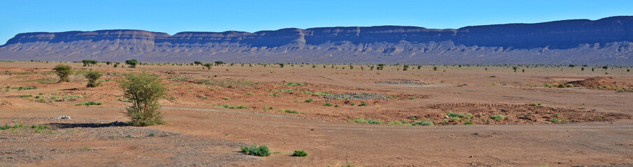 Panorama na krajobraz pustynny w Maroko