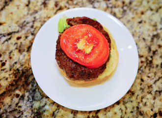 A home made hamburger on a white plate