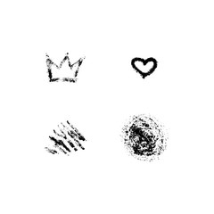 Vector illustration, hand drawn isolated elements set: crown, stain, heart, stroke. Grunge brush and pencil (chalk or charcoal) texture. Black silhouettes, tracing on white background.