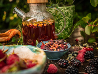 Preparation of the tea ceremony, tea in the bowl. Handmade cups