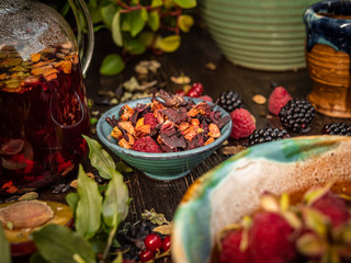 Preparation of the tea ceremony, tea in the bowl. Handmade cups