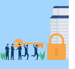 Manager handshake for acquisition and employee bring the key. Business flat vector concept illustration.
