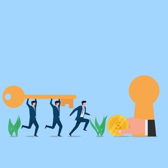 Manager and employee bring key to keyhole reward offering. Business flat vector concept illustration.