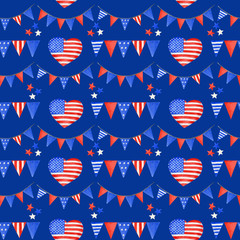 4th of july Seamless pattern. Patriotic american holiday Fourth of July fabric texture in red blue colors. Independence day of America festive background. Watercolor illustration for Scrapbook design