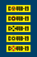 Five yellow signs with text COVID-19 isolated on blue backgrounds