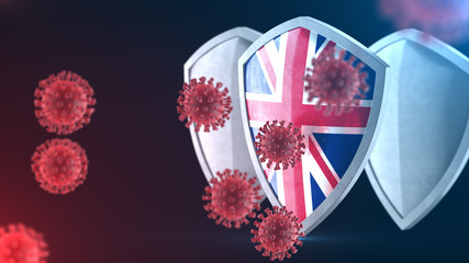 Security shield as virus protection concept. Coronavirus Sars-Cov-2 safety barrier. Shiny steel shield painted as British national flag defend against cells, source of covid-19 disease. 