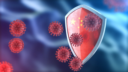 Security shield as virus protection concept. Coronavirus Sars-Cov-2 safety barrier. Shiny steel shield painted as Chinese national flag defend against cells, source of covid-19 disease. 