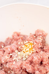 Fototapeta na wymiar Raw minced meat with smashed eggs and chopped onion mixture for meatballs. Copy space with homemade food concept
