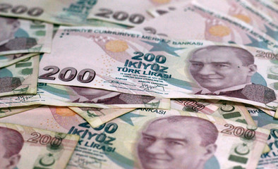 American dollar banknotes and Turksh Lira banknotes side by side on white background.