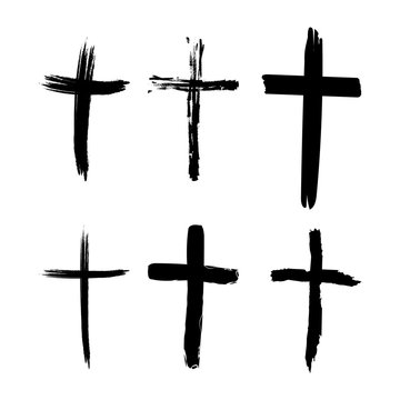 Set of hand-drawn black grunge cross icons, collection of simple Christian cross signs, hand-painted cross symbols.
