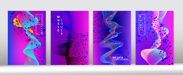 Music Covers Set. Big Data Tech Neon Magazine. 3D Fluid Shapes Modern Cover Template. 