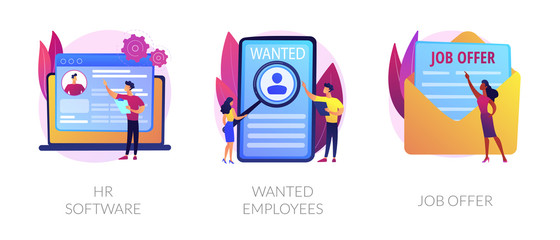 Recruitment agency icons set. Human resources management, personnel hiring, employment contract. HR software, wanted employees, job offer metaphors. Vector isolated concept metaphor illustrations