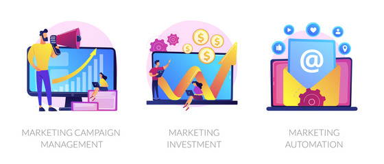 Company promotion icons set. Cost optimization, capital spending. Marketing campaign management, marketing investment, marketing automation metaphors. Vector isolated concept metaphor illustrations.