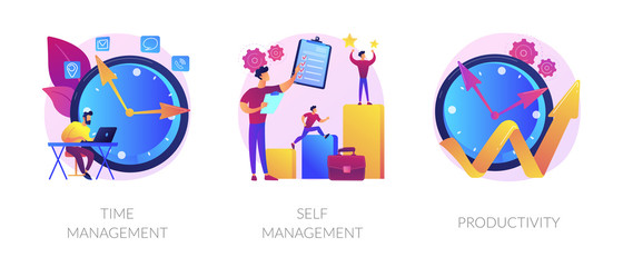 Performance increase ways icons set. Motivation and self discipline, goal achievement. Time management, self management, productivity metaphors. Vector isolated concept metaphor illustrations.
