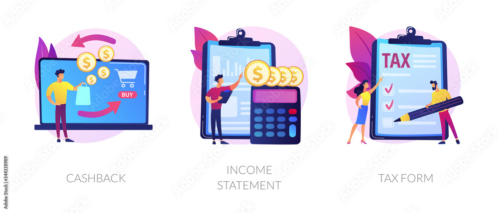 Wall mural Accounting and bookkeeping cartoon web icons set. Money online refund. Financial consulting. Cashback, income statement, tax form metaphors. Vector isolated concept metaphor illustrations