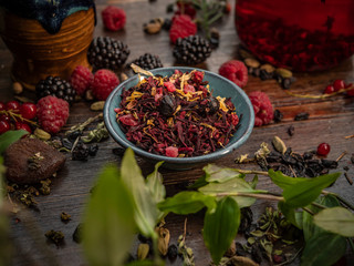 Preparation of the tea ceremony, tea in the bowl. Handmade cups