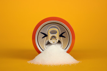 A can of soda simulates a face vomiting refined white sugar. Visual metaphor indicating the high sugar content of soft drinks.