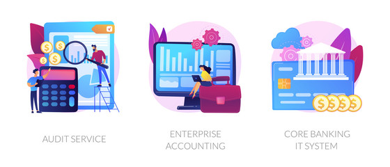 Financial analysis icons set. Company analysts, accountants cartoon characters. Audit service, enterprise accounting, core banking it system metaphors. Vector isolated concept metaphor illustrations