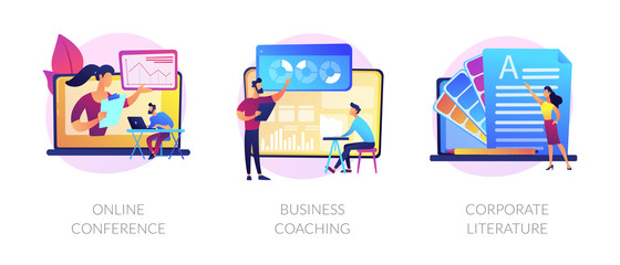 Company workers training icons set. Webinar, presentation. Data analytics course. Online conference, business coaching, corporate literature metaphors. Vector isolated concept metaphor illustrations